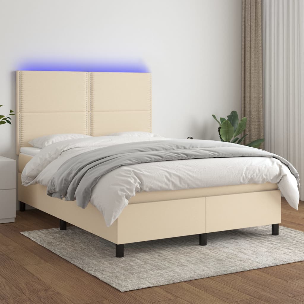 vidaXL Posteľ boxsping s matracom a LED krémová 140x200 cm látka
