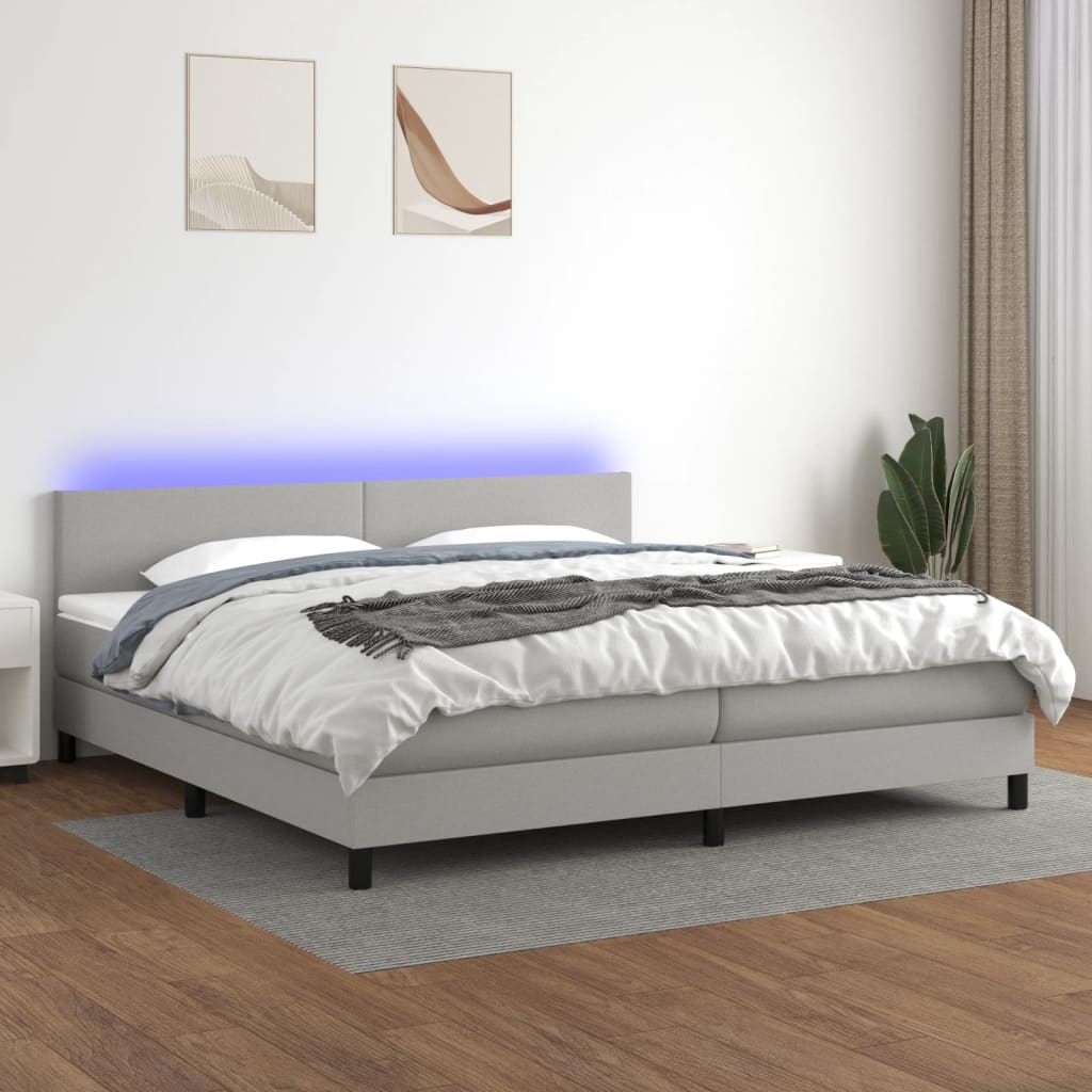 vidaXL Posteľ boxsping s matracom a LED bledosivá 200x200 cm látka