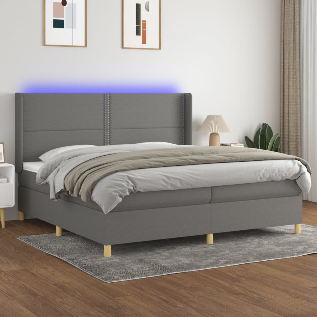 vidaXL Posteľ boxsping s matracom a LED tmavosivá 200x200 cm látka