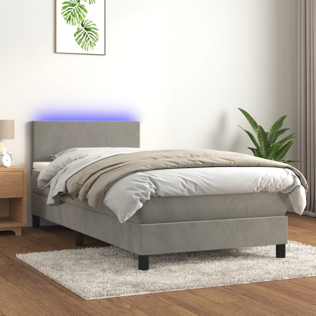 vidaXL Posteľ boxsping s matracom a LED bledosivá 90x190 cm zamat