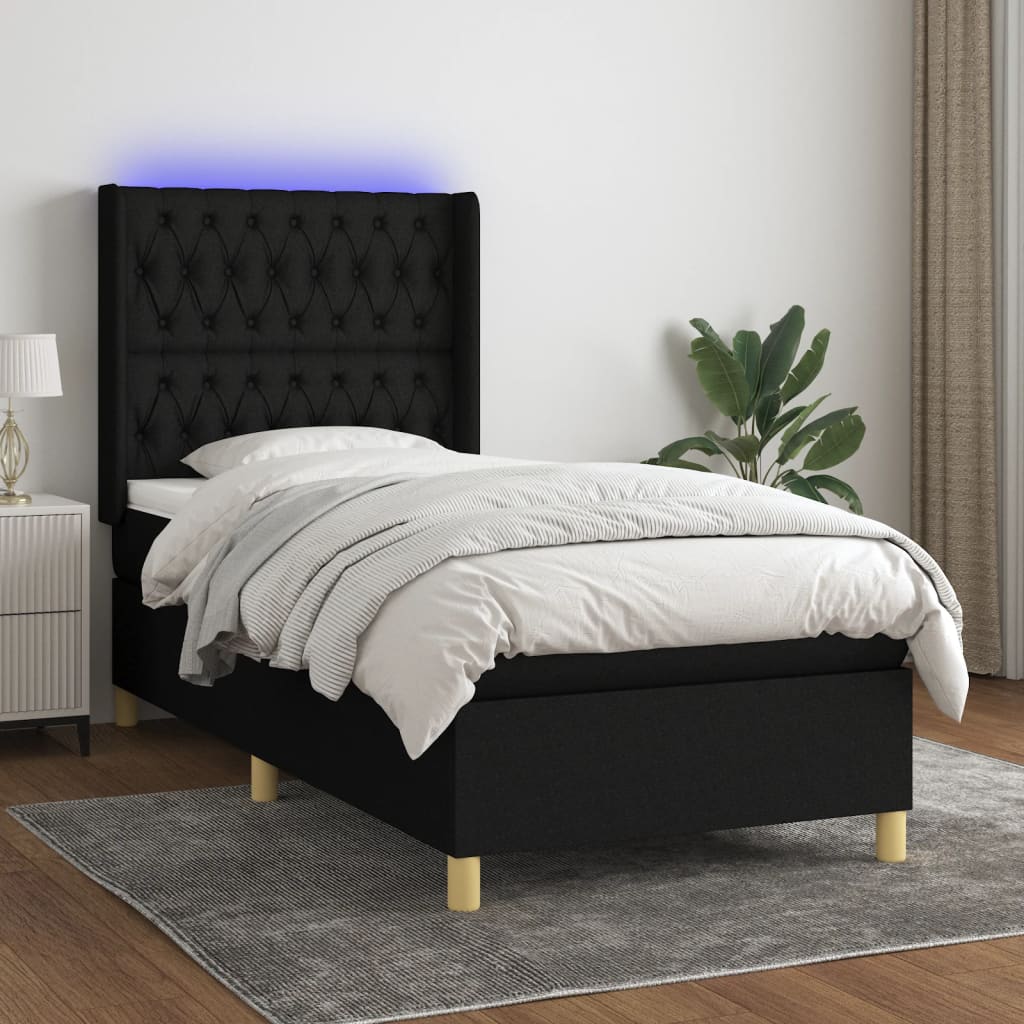 vidaXL Posteľ boxsping s matracom a LED čierna 90x190 cm látka