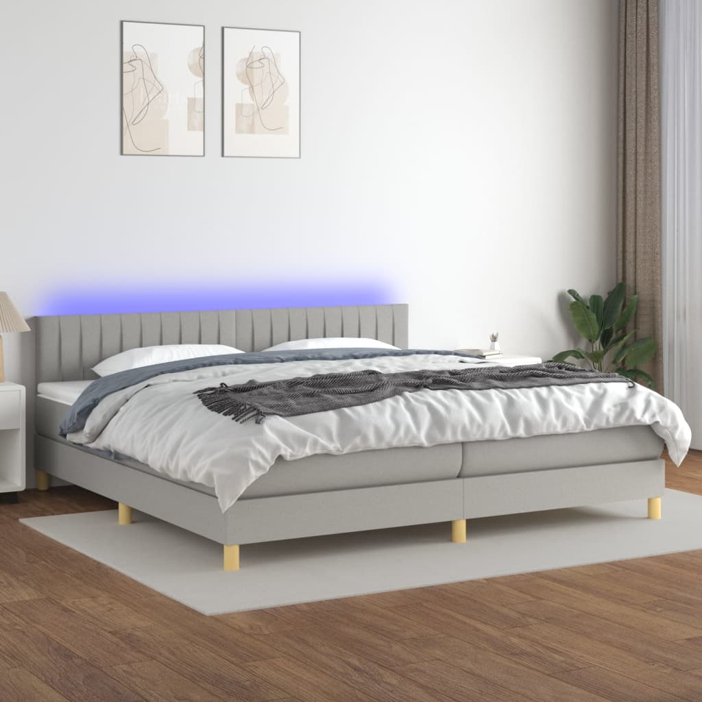 vidaXL Posteľ boxsping s matracom a LED bledosivá 200x200 cm látka