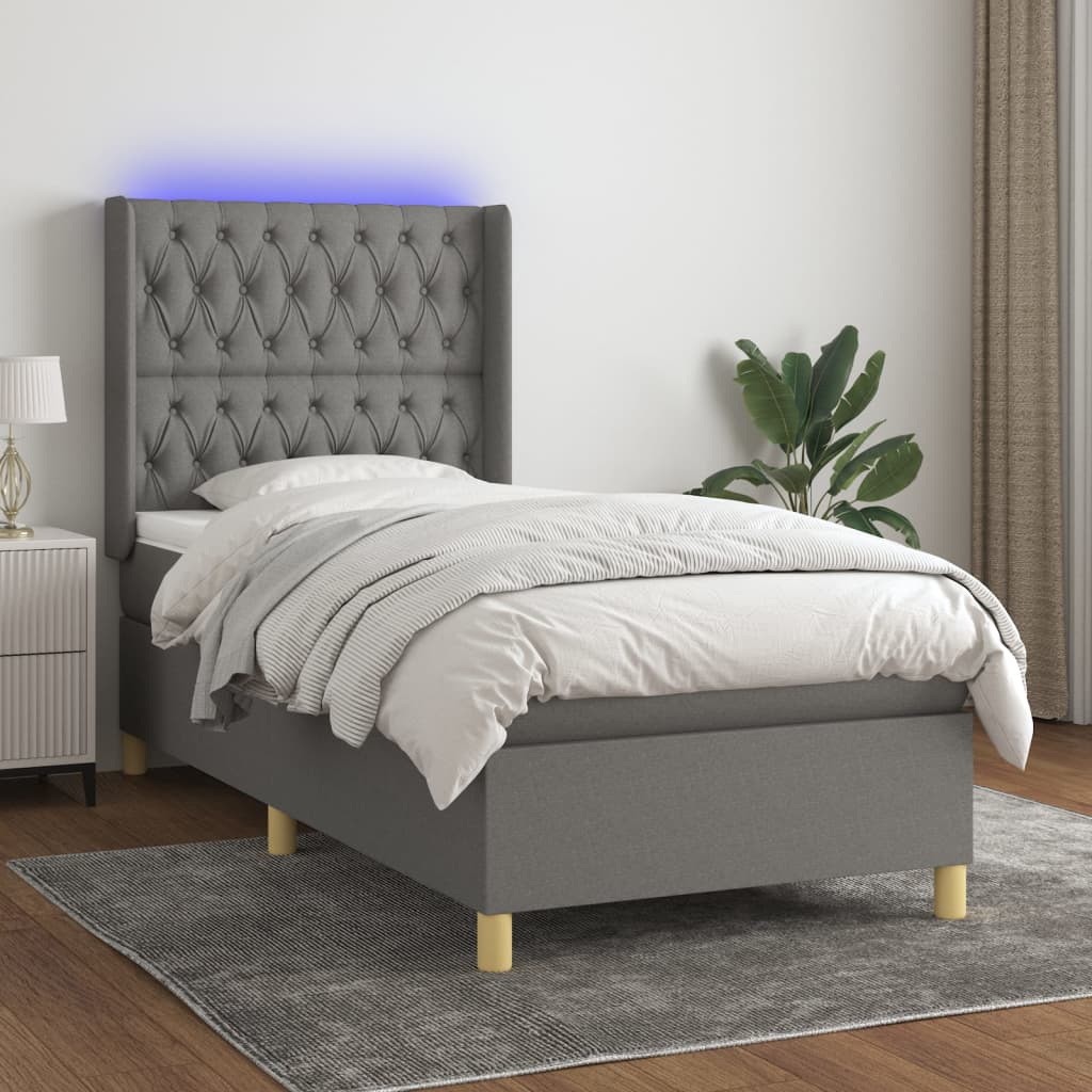 vidaXL Posteľ boxsping s matracom a LED tmavosivá 100x200 cm látka