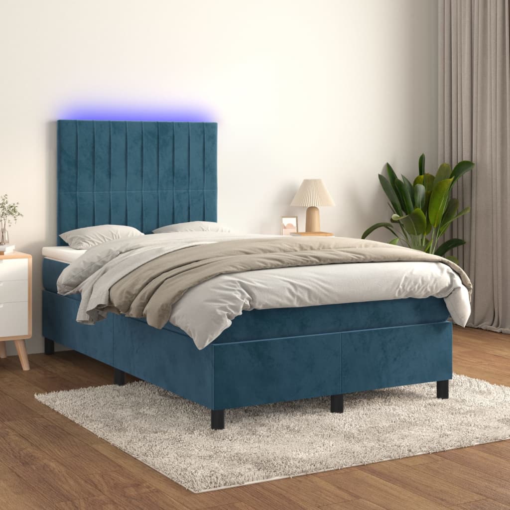 vidaXL Posteľný rám boxsping matrac a LED tmavomodrý 120x200 cm zamat