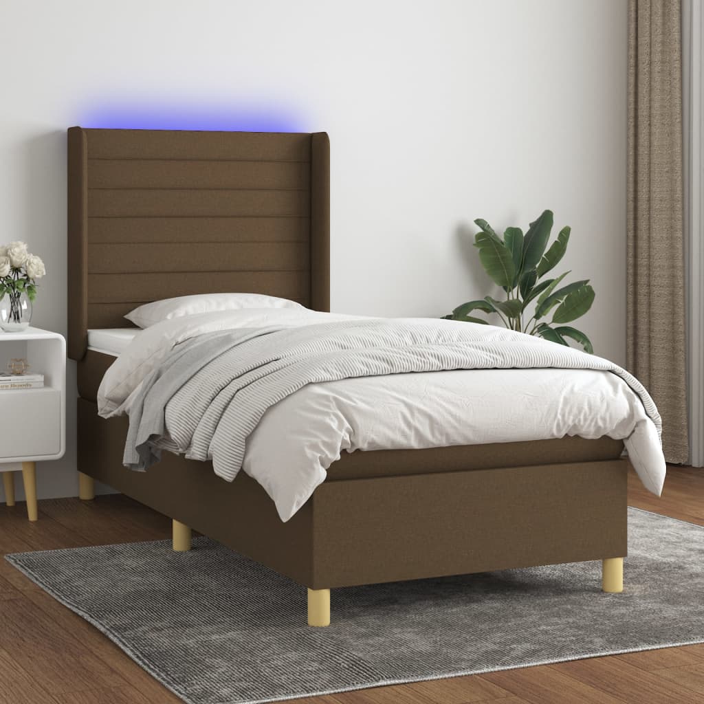 vidaXL Posteľ boxsping s matracom a LED tmavohnedá 100x200 cm látka