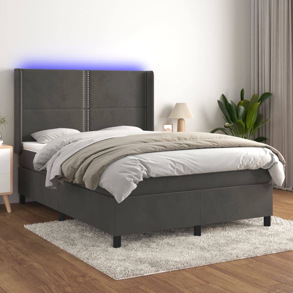 vidaXL Posteľ boxsping s matracom a LED tmavosivá 140x200 cm zamat