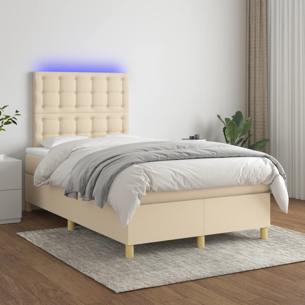 vidaXL Posteľ boxsping s matracom a LED krémová 120x200 cm látka