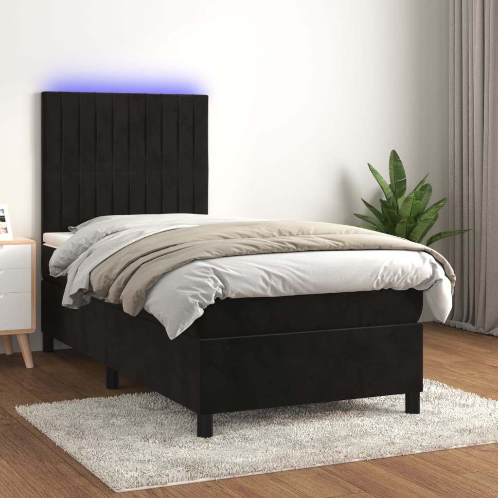 vidaXL Posteľ boxsping s matracom a LED čierna 90x190 cm zamat