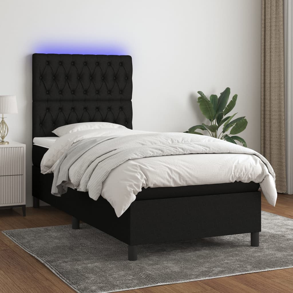 vidaXL Posteľ boxsping s matracom a LED čierna 90x200 cm látka