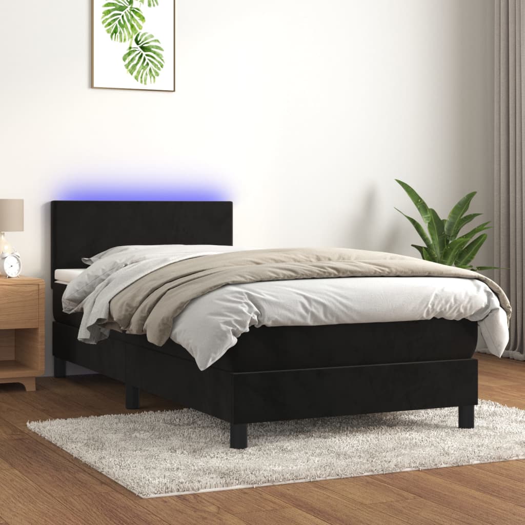 vidaXL Posteľ boxsping s matracom a LED čierna 90x200 cm zamat