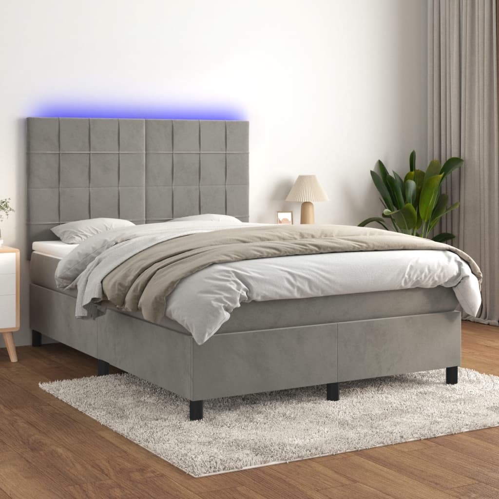 vidaXL Posteľ boxsping s matracom a LED bledosivá 140x200 cm zamat