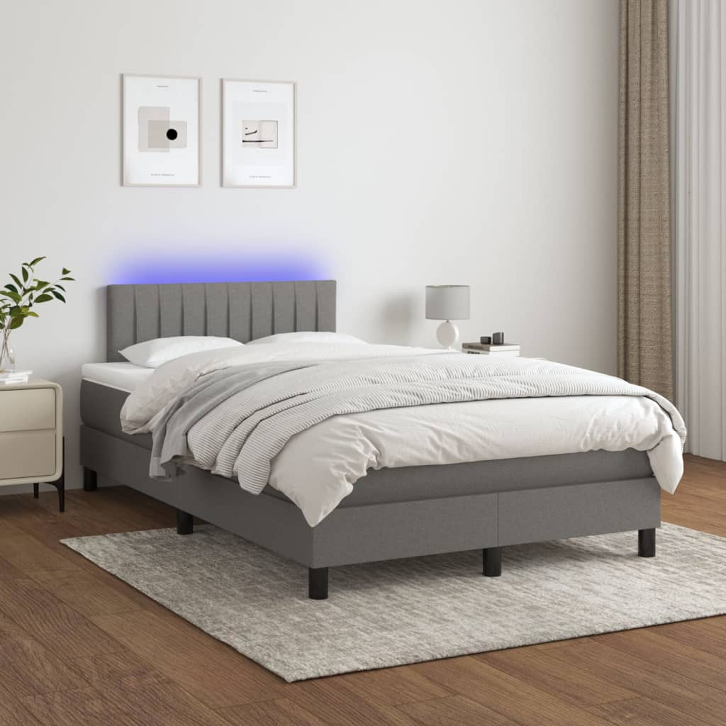 vidaXL Posteľ boxsping s matracom a LED tmavosivá 120x200 cm látka