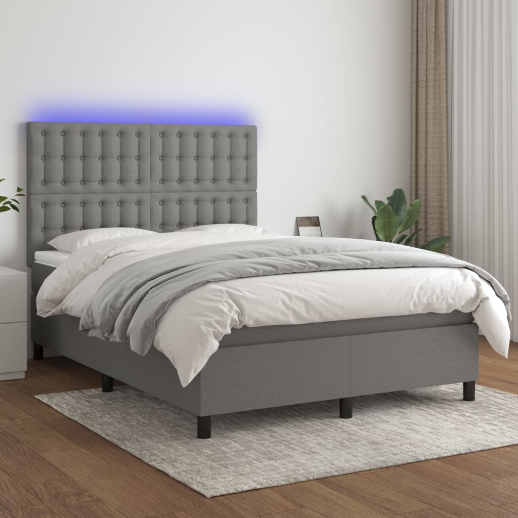 vidaXL Posteľ boxsping s matracom a LED tmavosivá 140x190 cm látka