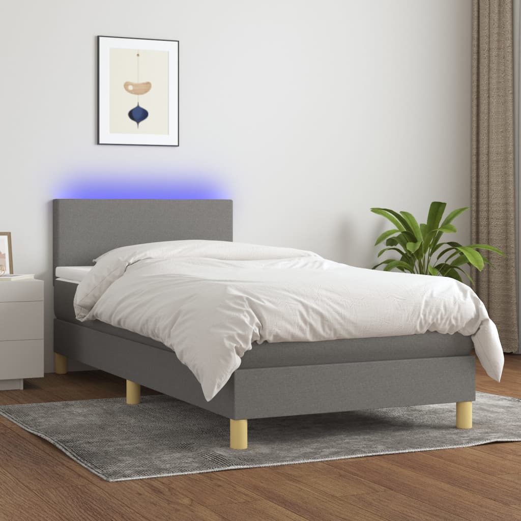 vidaXL Posteľ boxsping s matracom a LED tmavosivá 90x200 cm látka
