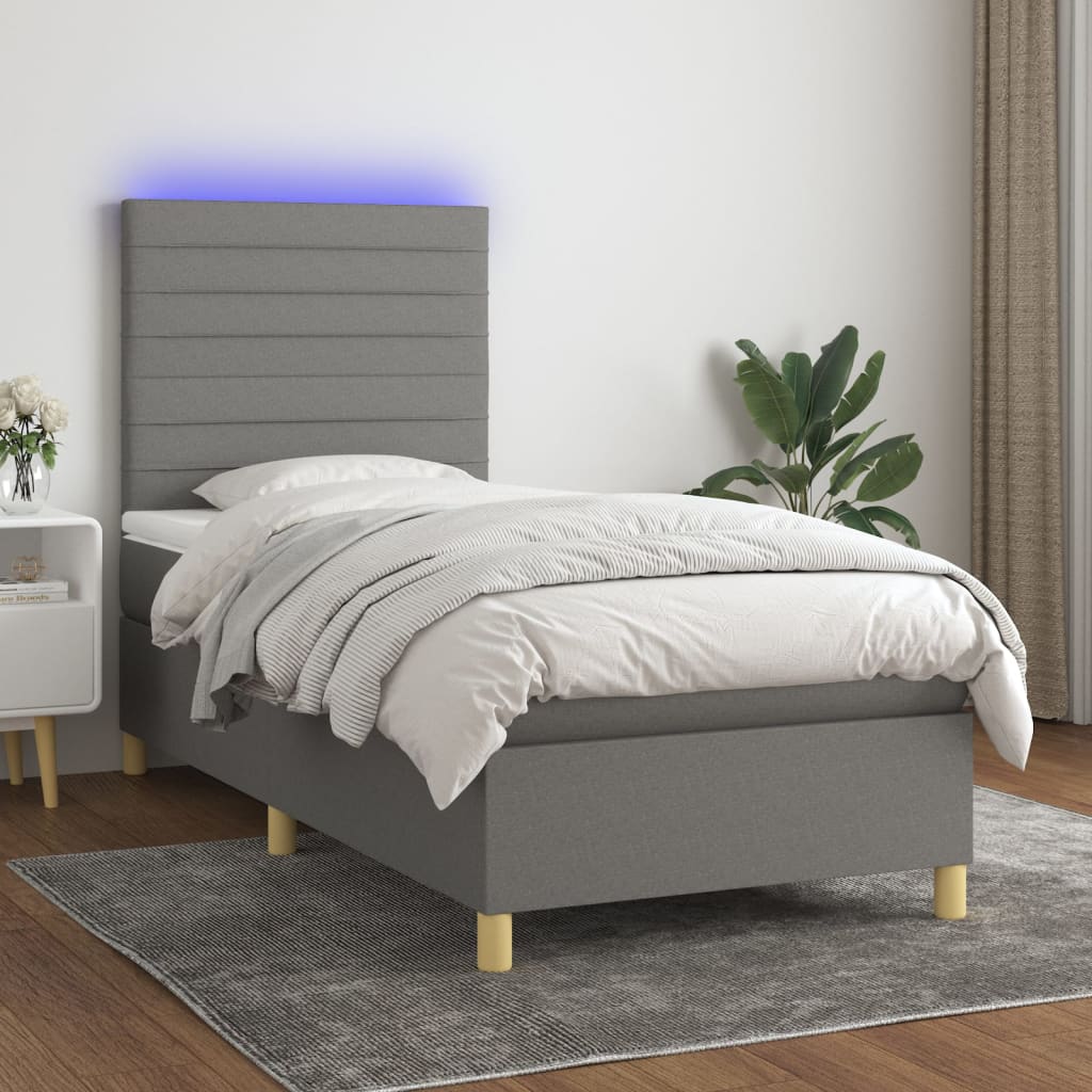 vidaXL Posteľ boxsping s matracom a LED tmavosivá 100x200 cm látka