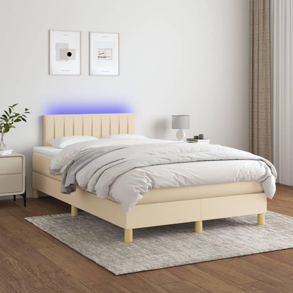 vidaXL Posteľ boxsping s matracom a LED krémová 120x200 cm látka