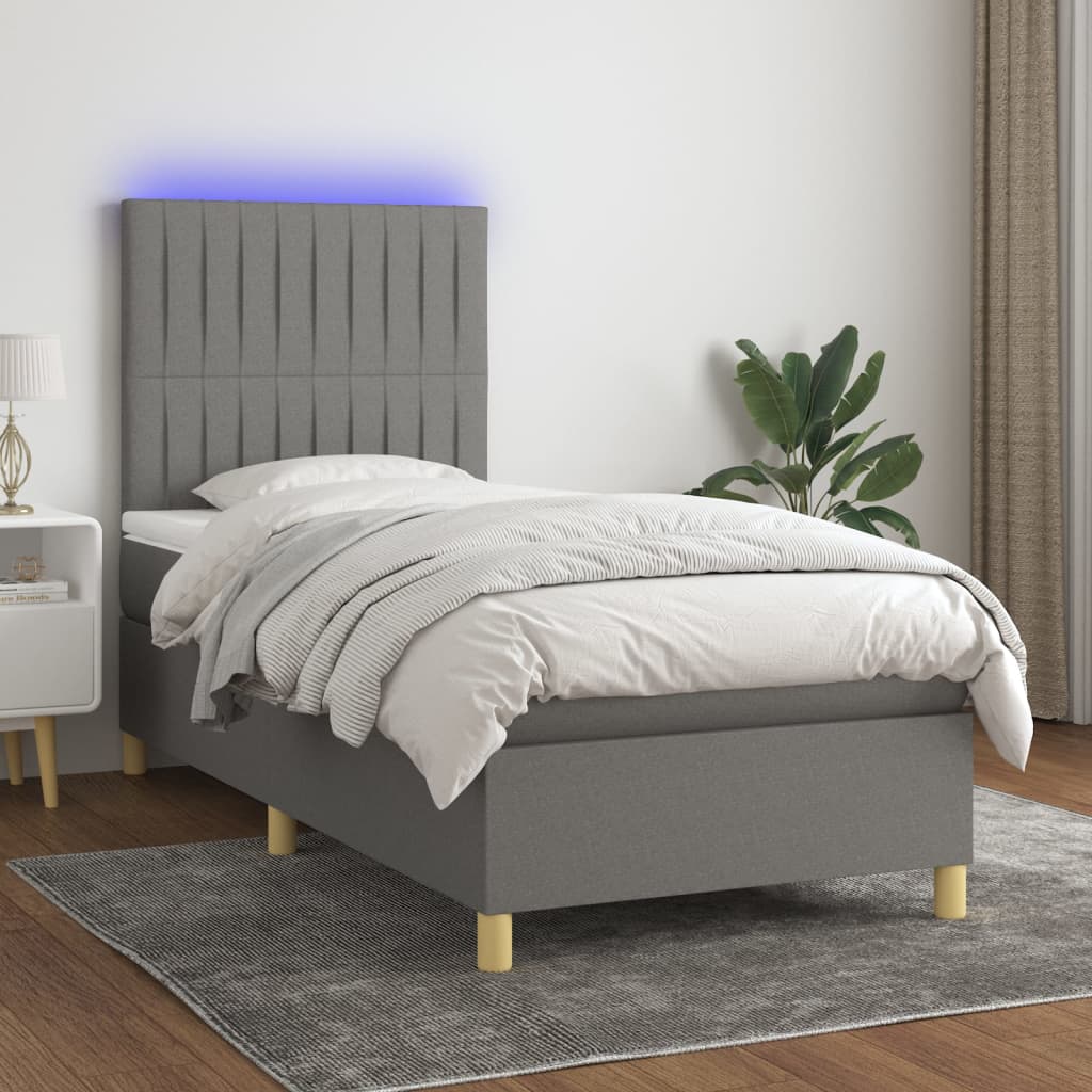 vidaXL Posteľ boxsping s matracom a LED tmavosivá 100x200 cm látka
