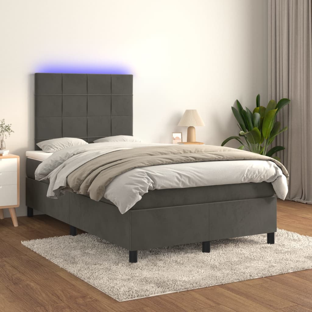 vidaXL Posteľ boxsping s matracom a LED tmavosivá 120x200 cm zamat