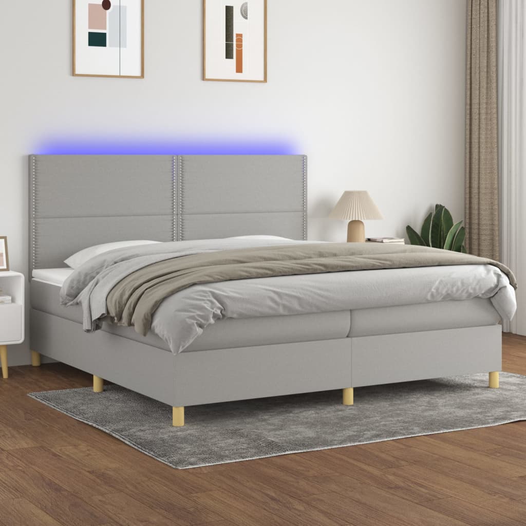vidaXL Posteľ boxsping s matracom a LED bledosivá 200x200 cm látka