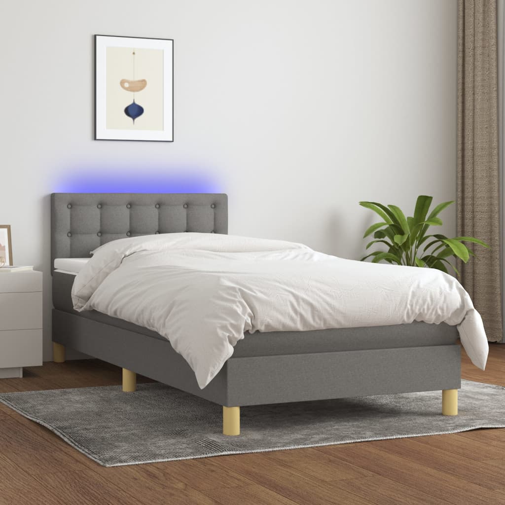 vidaXL Posteľ boxsping s matracom a LED tmavosivá 90x200 cm látka