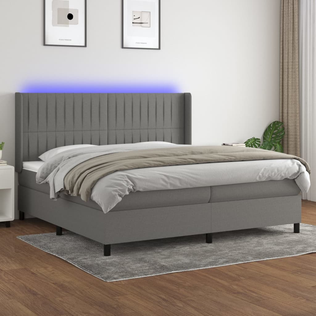 vidaXL Posteľ boxsping s matracom a LED tmavosivá 200x200 cm látka