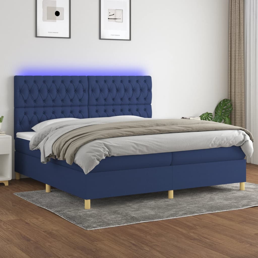 vidaXL Posteľ boxsping s matracom a LED modrá 200x200 cm látka