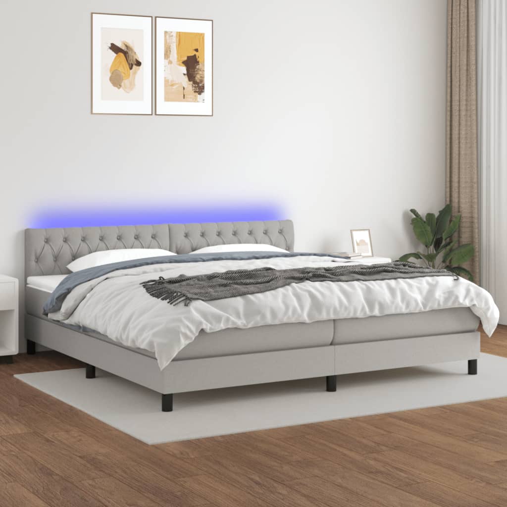 vidaXL Posteľ boxsping s matracom a LED bledosivá 200x200 cm látka