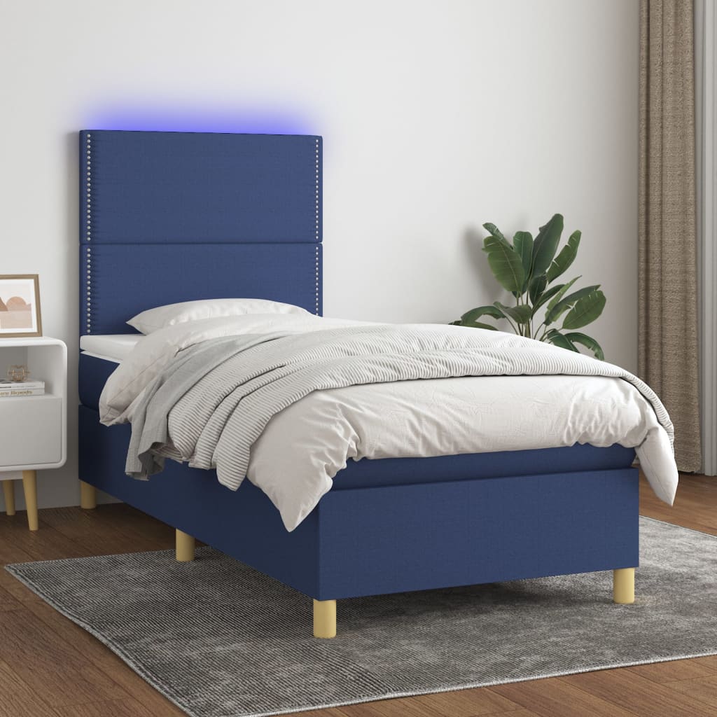 vidaXL Posteľ boxsping s matracom a LED modrá 100x200 cm látka