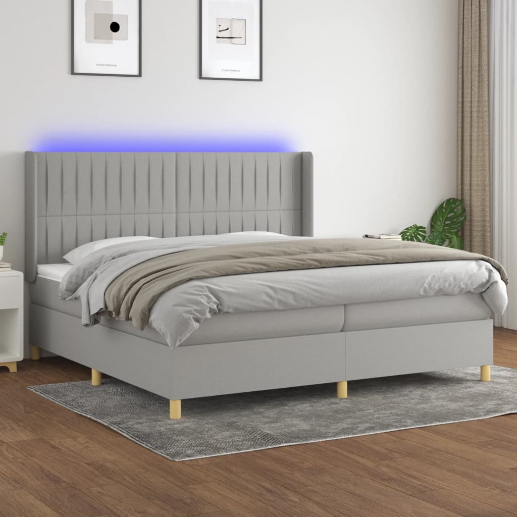 vidaXL Posteľ boxsping s matracom a LED bledosivá 200x200 cm látka