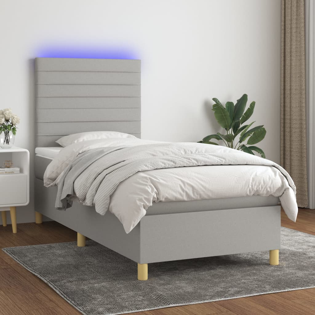 vidaXL Posteľ boxsping s matracom a LED bledosivá 100x200 cm látka