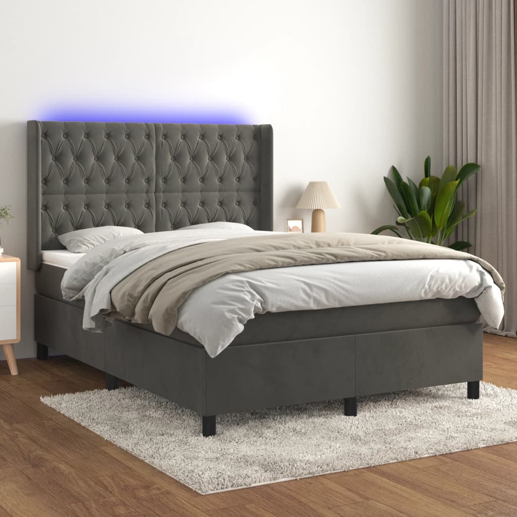 vidaXL Posteľ boxsping s matracom a LED tmavosivá 140x190 cm zamat