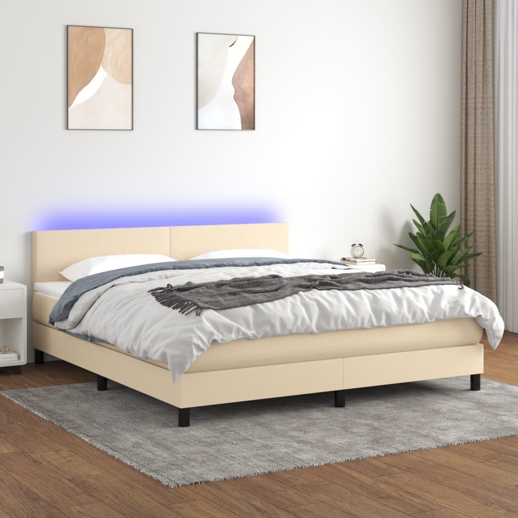 vidaXL Posteľ boxsping s matracom a LED krémová 180x200 cm látka