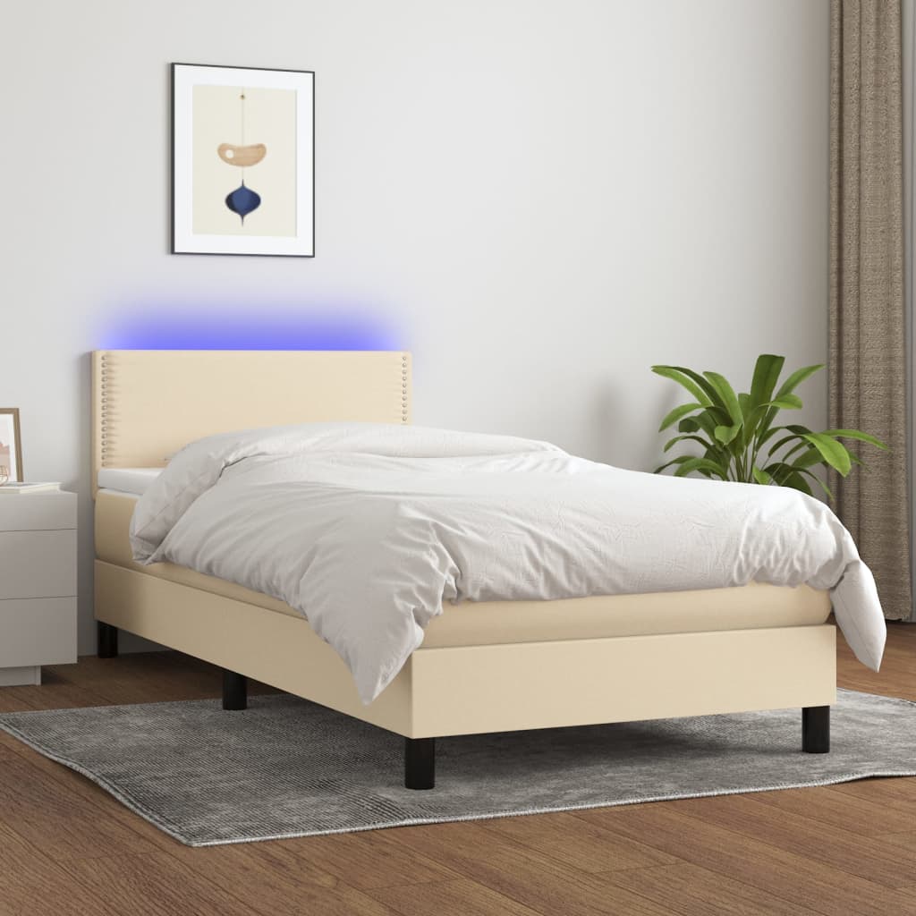 vidaXL Posteľ boxsping s matracom a LED krémová 100x200 cm látka