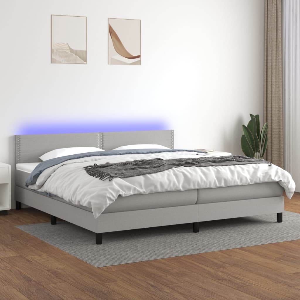 vidaXL Posteľ boxsping s matracom a LED bledosivá 200x200 cm látka