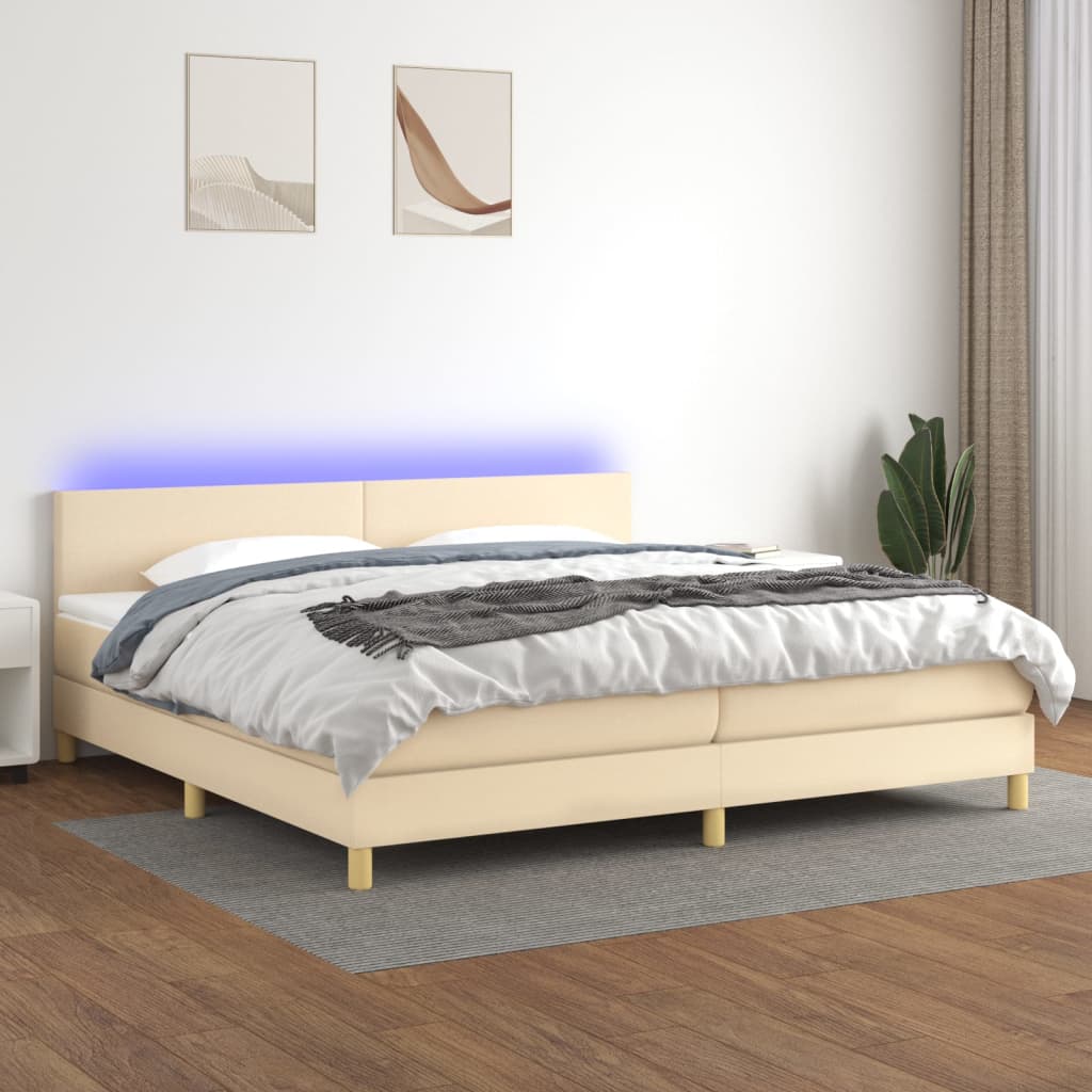 vidaXL Posteľ boxsping s matracom a LED krémová 200x200 cm látka