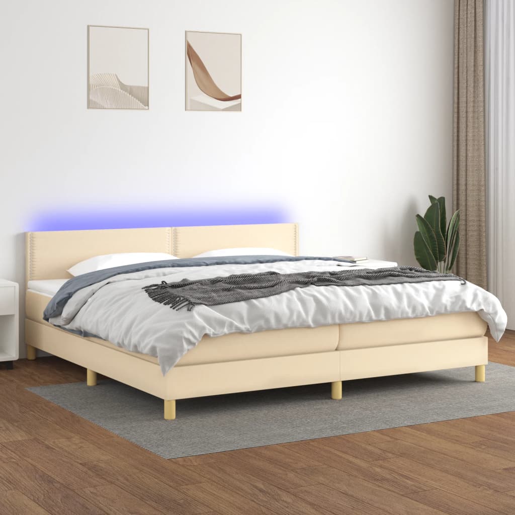 vidaXL Posteľ boxsping s matracom a LED krémová 200x200 cm látka