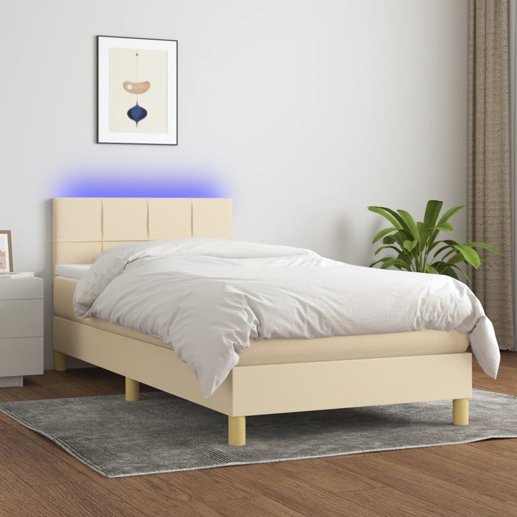 vidaXL Posteľ boxsping s matracom a LED krémová 100x200 cm látka