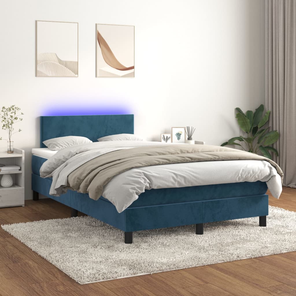 vidaXL Posteľný rám boxsping matrac a LED tmavomodrý 120x200 cm zamat
