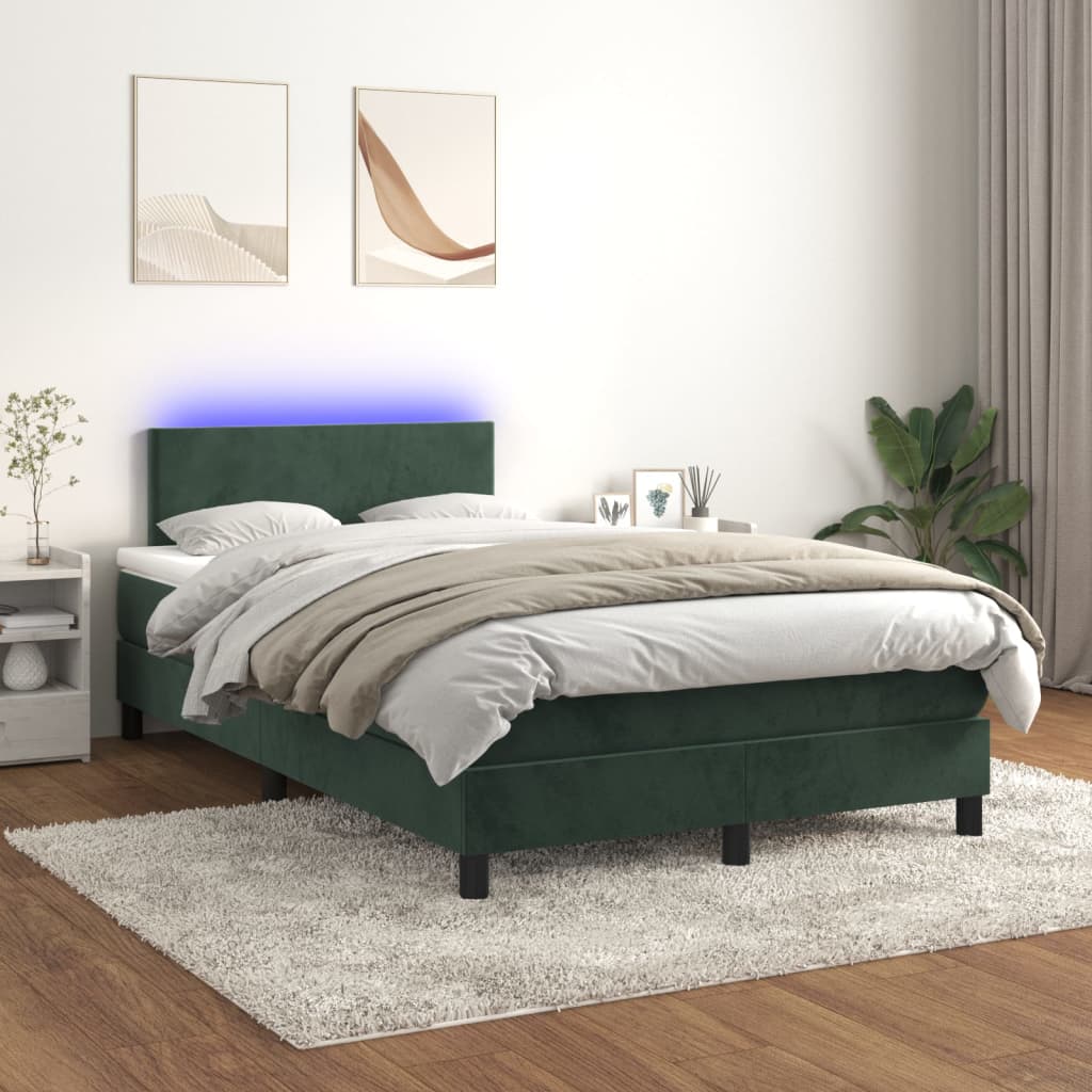 vidaXL Posteľný rám boxsping matrac a LED tmavozelený 120x200 cm zamat