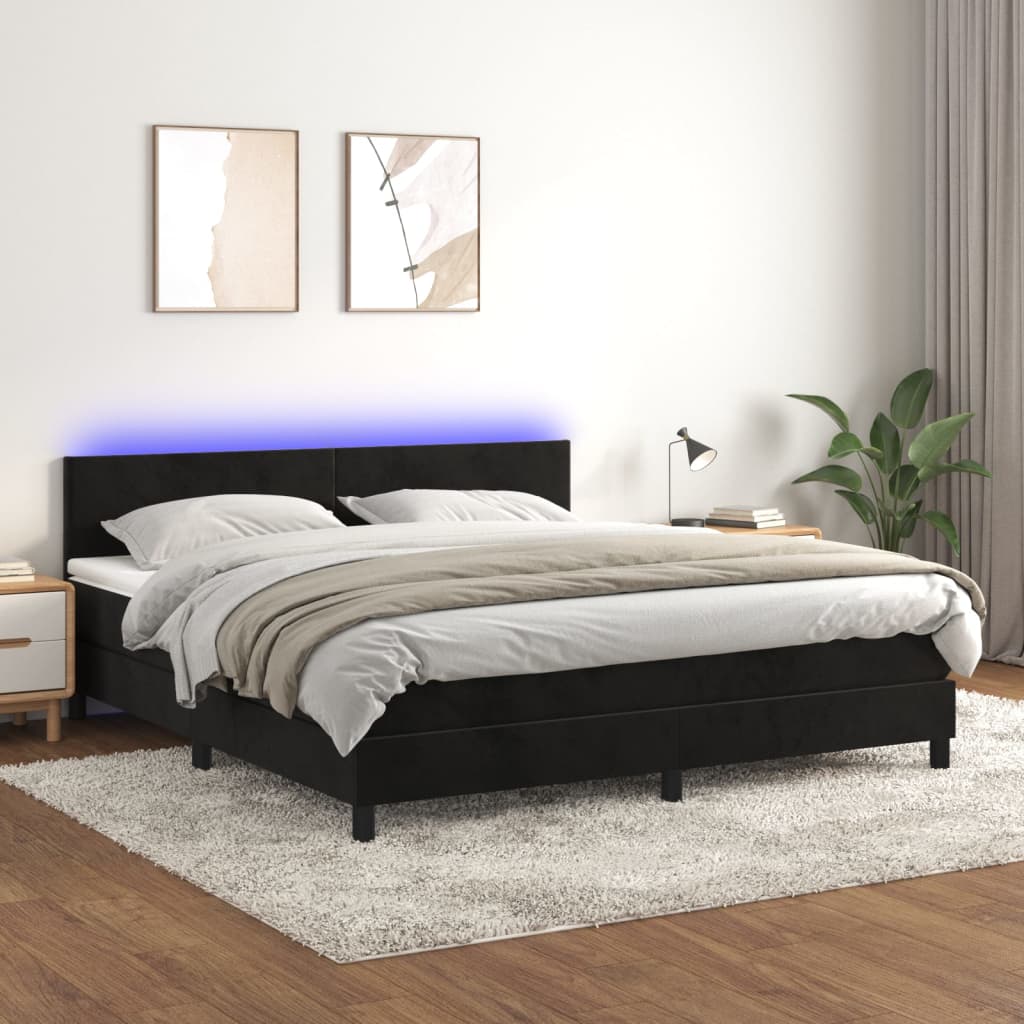 vidaXL Posteľ boxsping s matracom a LED čierna 180x200 cm zamat