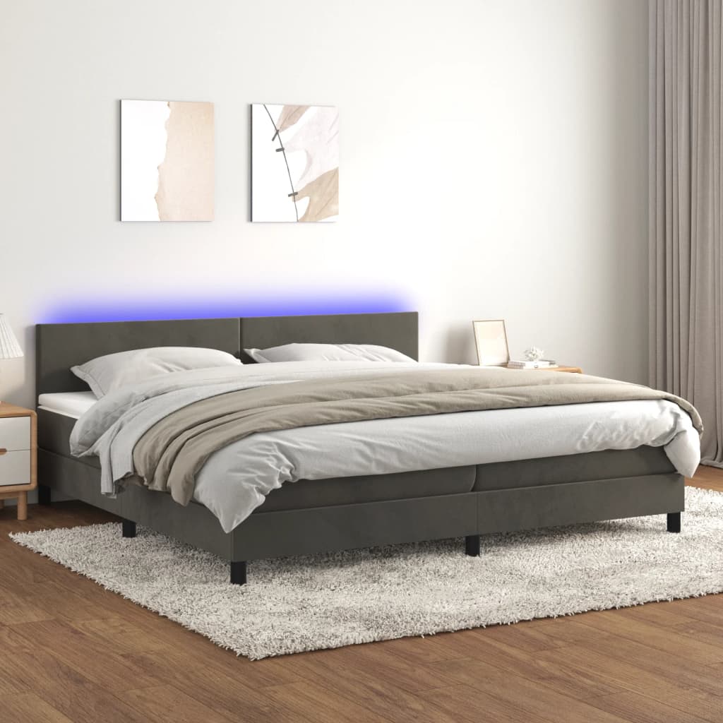 vidaXL Posteľ boxsping s matracom a LED tmavosivá 200x200 cm zamat