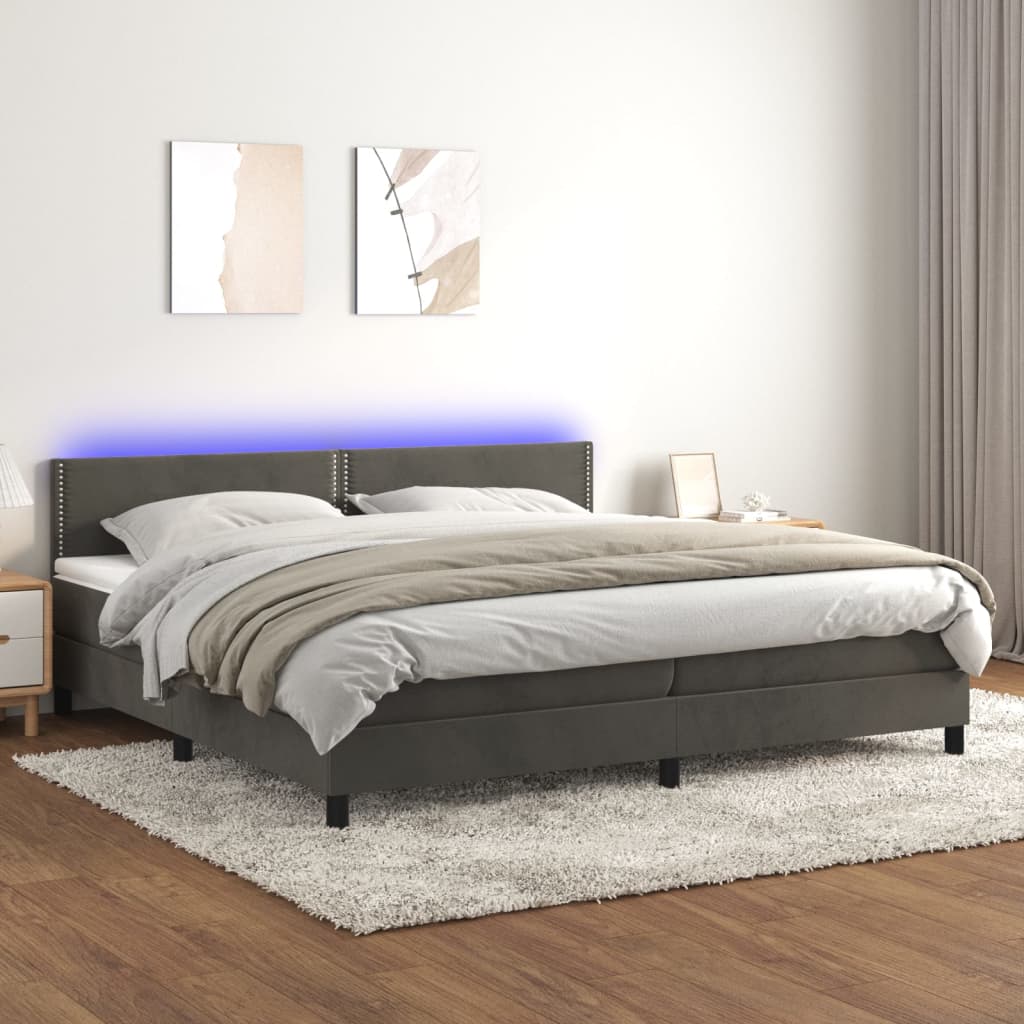 vidaXL Posteľ boxsping s matracom a LED tmavosivá 200x200 cm zamat