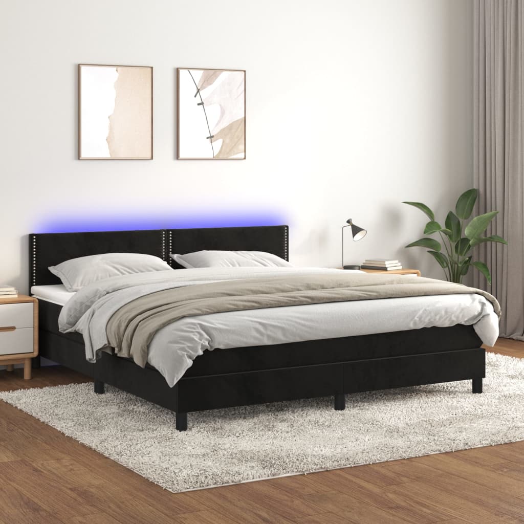 vidaXL Posteľ boxsping s matracom a LED čierna 180x200 cm zamat