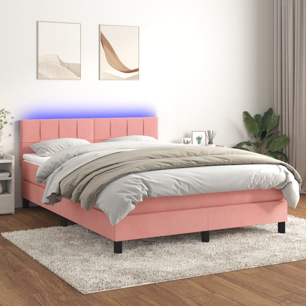 vidaXL Posteľný rám boxsping s matracom a LED ružový 140x200 cm zamat