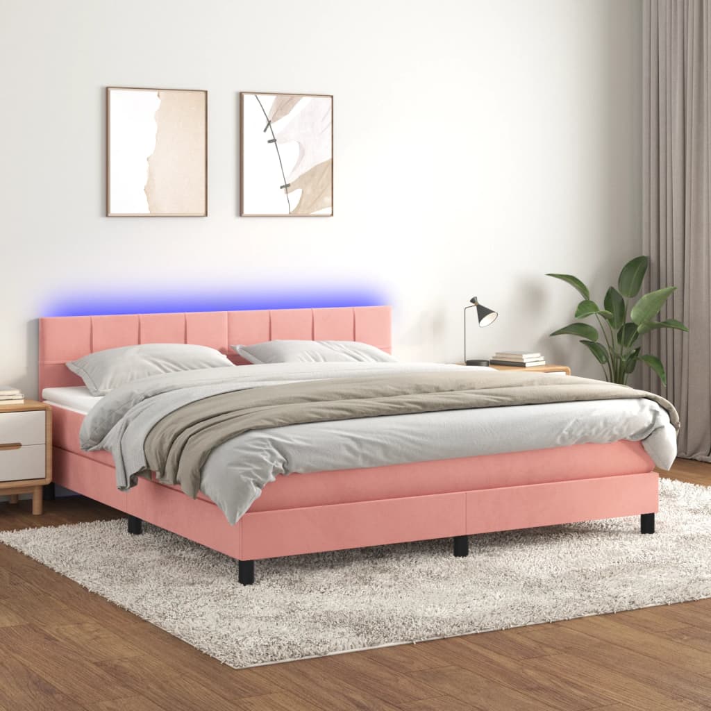 vidaXL Posteľný rám boxsping s matracom a LED ružový 180x200 cm zamat