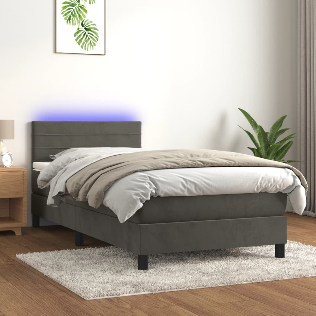 vidaXL Posteľ boxsping s matracom a LED tmavosivá 80x200 cm zamat