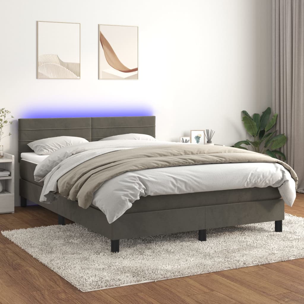 vidaXL Posteľ boxsping s matracom a LED tmavosivá 140x200 cm zamat