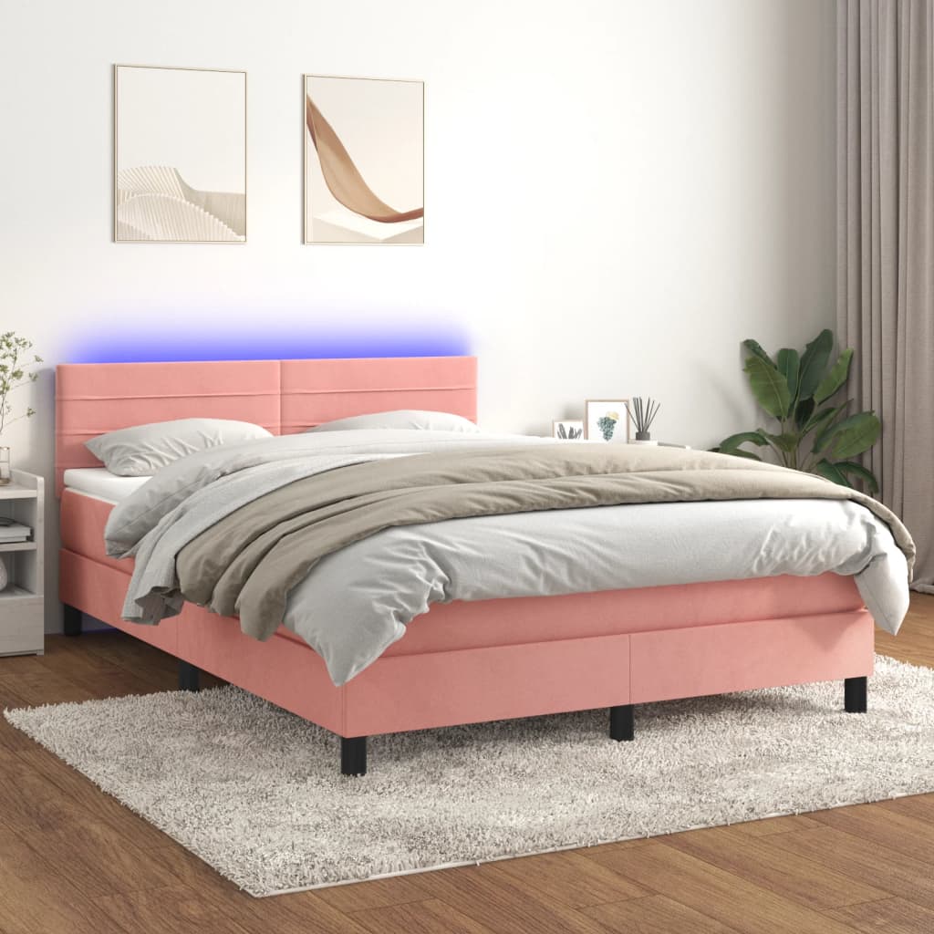 vidaXL Posteľný rám boxsping s matracom a LED ružový 140x190 cm zamat