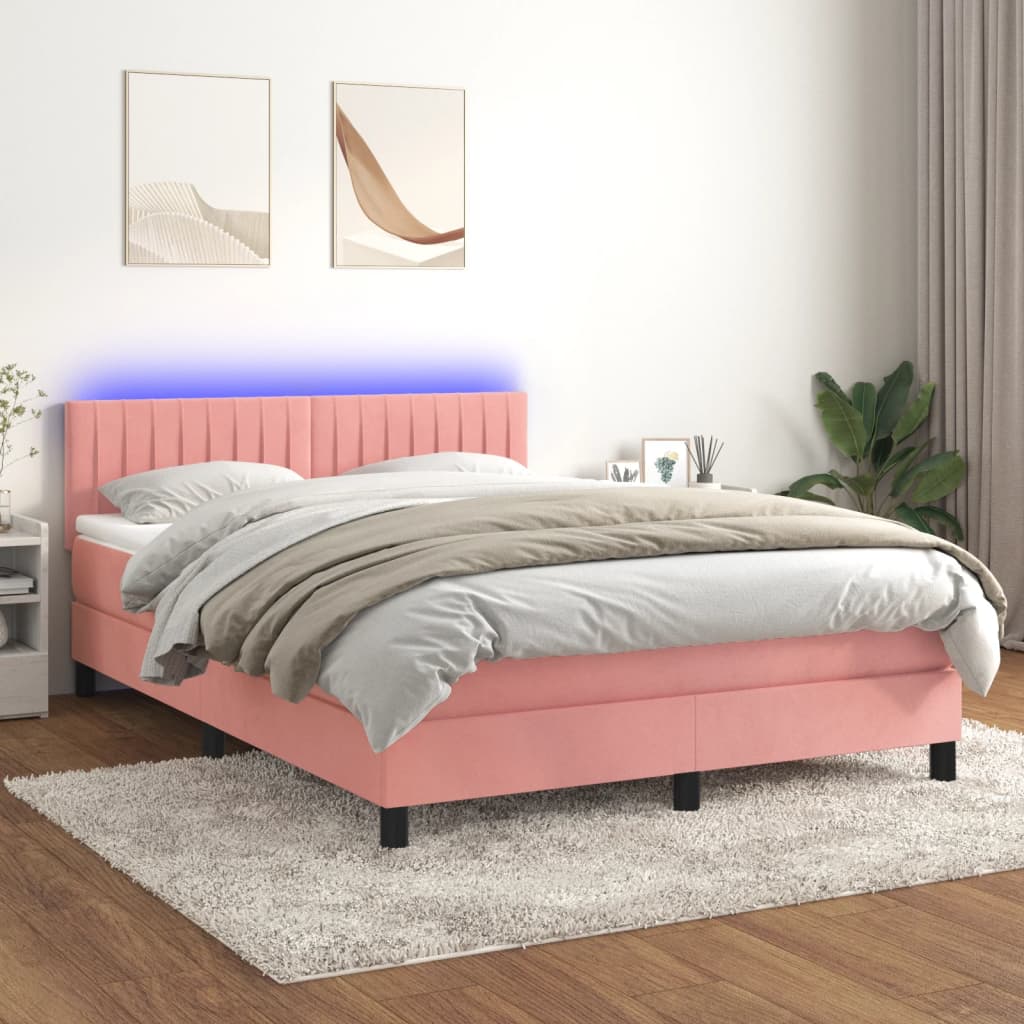 vidaXL Posteľný rám boxsping s matracom a LED ružový 140x190 cm zamat