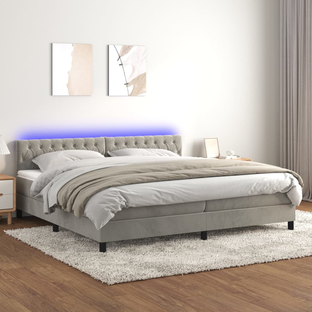 vidaXL Posteľ boxsping s matracom a LED bledosivá 200x200 cm zamat